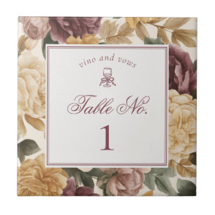 Wine Vineyard Vintage Floral Wedding Table Number Tile