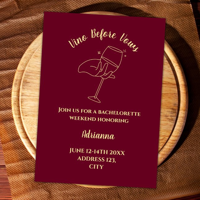 Wine Vino Before Vows Bachelorette Weekend Invitation (Wine Vino Before Vows Burgundy And Gold Bachelorette Weekend Itinerary)