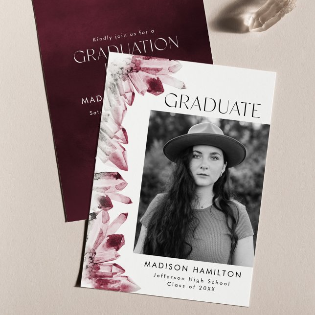 Wine Watercolor Crystal Photo Graduation Party Invitation (Creator Uploaded)