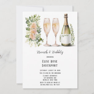 Wine & Wine Glass Greenery Floral Brunch & Bubbly  Invitation