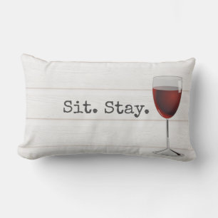 Wine with Sit Stay Text Lumbar Pillow