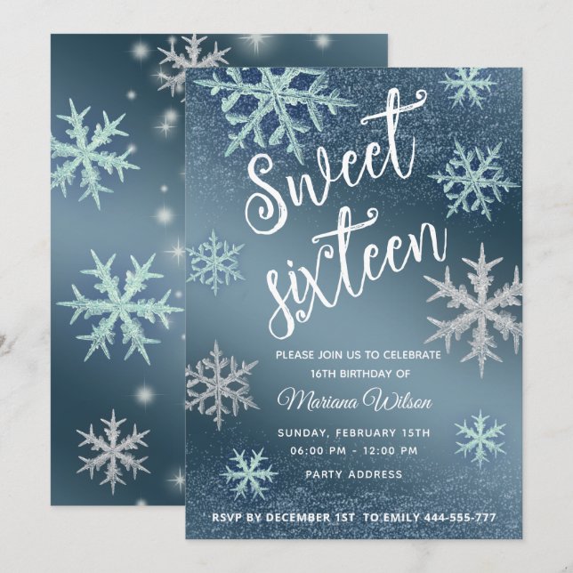 Winer wonderland Shiny sparkle blue snowflakes Invitation (Front/Back)