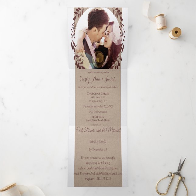 Winery Deep Burgundy Red Floral Wreath Wedding Tri-Fold Invitation (Inside)