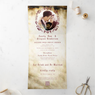 Winery Deep Burgundy Red Floral Wreath Wedding Tri-Fold Invitation
