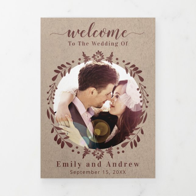 Winery Deep Burgundy Wreath Wedding Itinerary Tri-Fold Invitation (Cover)