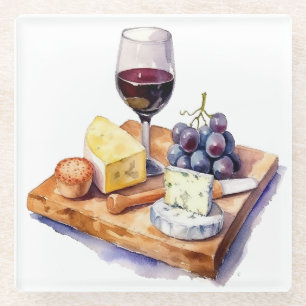  Winery Grapes Cheese Wine Glass Watercolor Coaster