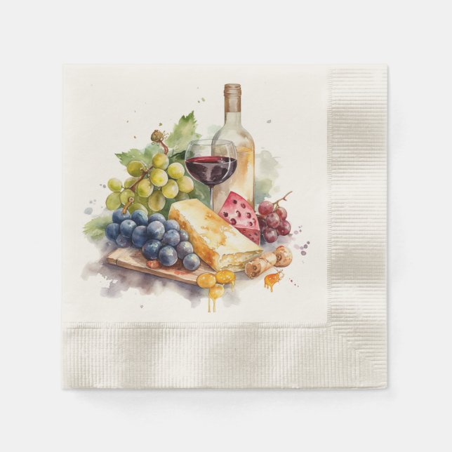  Winery Grapes Cheese Wine Glass Watercolor Napkin (Front)