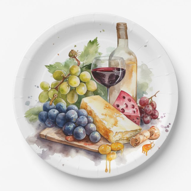 Winery Grapes Cheese Wine Glass Watercolor Paper Plate (Front)