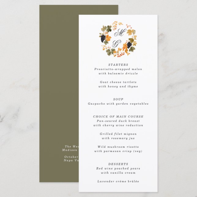Winery Monogram Fall Wreath Vineyard Wedding Menu (Front/Back)