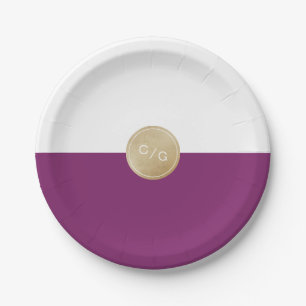 Winery purple minimalist modern wedding monogram paper plate
