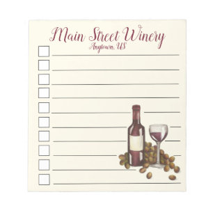 Winery Red Wine Bottle Glass Grapes Checklist Notepad
