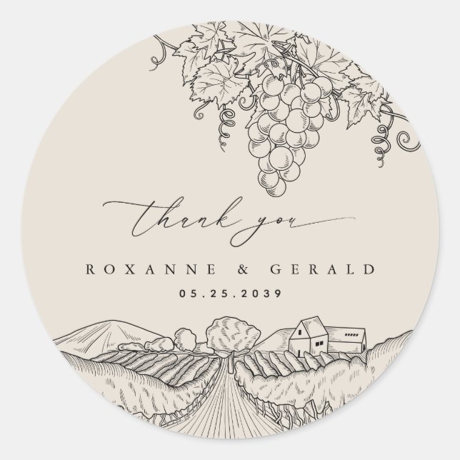 Winery Vineyard Wedding California Napa Thank You Classic Round Sticker (Front)