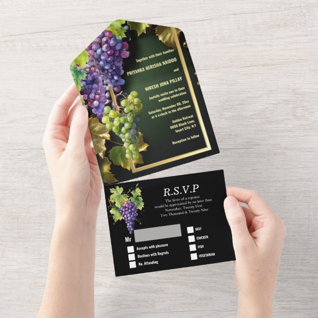 Winery wedding vine grapes vineyard elegant gold  all in one invitation (Tearaway)