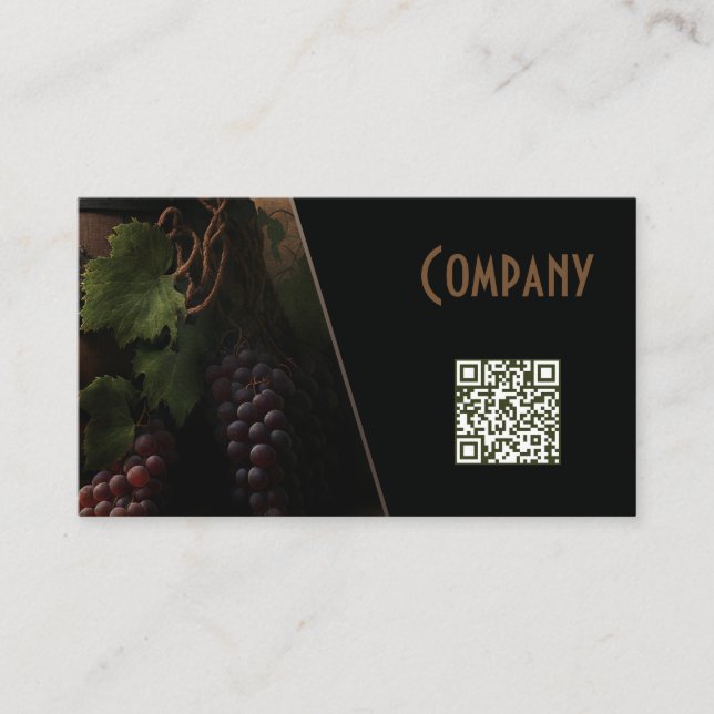 Winery Wine crapes bottled with QR on black design Business Card (Front)