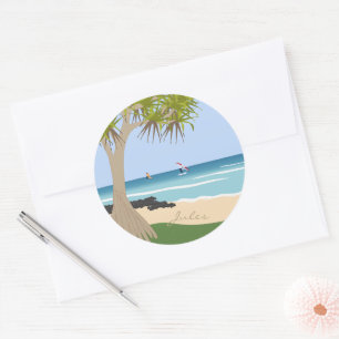 Wing Foil Surf Pandanus Tree at Beach add Name Classic Round Sticker