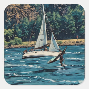 Wing Foil with Sailboat on Columbia River Gorge Square Sticker