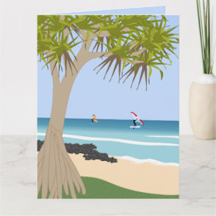 Wing Foiling Surfers Pandanus Tree at the Beach Card