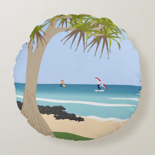 Wing Foiling Surfers Pandanus Tree at the Beach Round Pillow