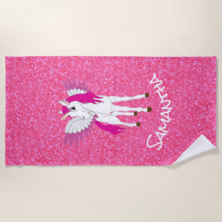 Wing Unicorn Party Rainbow Pink Glitter Beach Towel