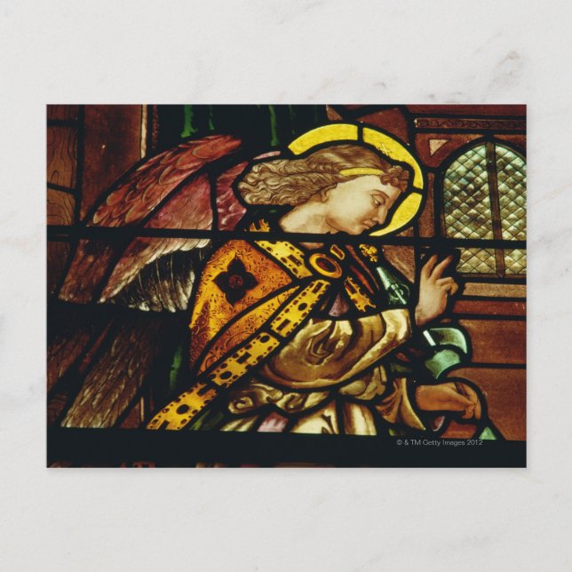 Winged angel in stained glass window postcard (Front)