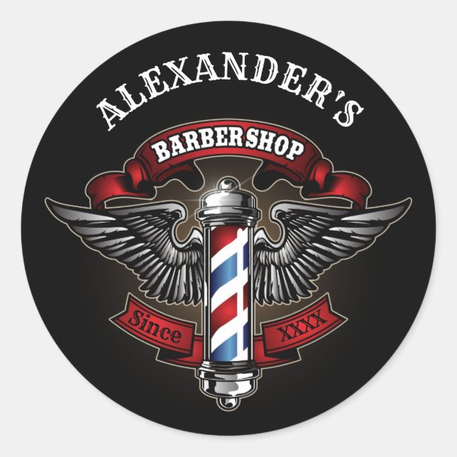 Winged Barber Pole Personalize Classic Round Sticker (Front)