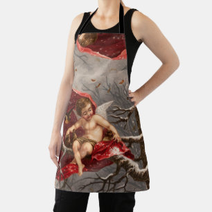 WINGED CHERUB ON WINTER TREE WITH BIRDS Christmas Apron