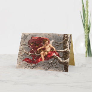 WINGED CHERUB ON WINTER TREE WITH BIRDS Christmas Holiday Card