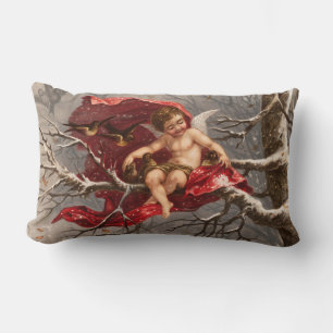 WINGED CHERUB ON WINTER TREE WITH BIRDS Christmas Lumbar Pillow