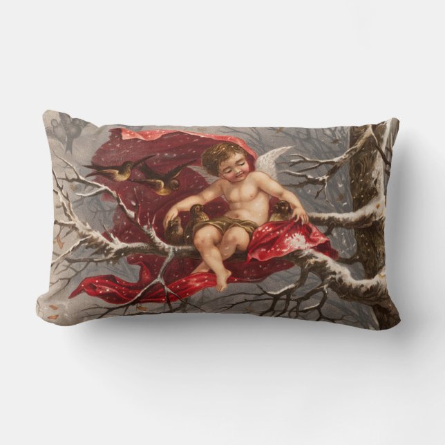 WINGED CHERUB ON WINTER TREE WITH BIRDS Christmas Lumbar Pillow (Front)