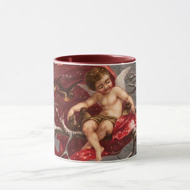 WINGED CHERUB ON WINTER TREE WITH BIRDS Christmas Mug (Center)