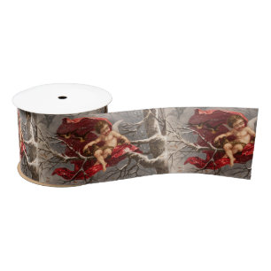 WINGED CHERUB ON WINTER TREE WITH BIRDS Christmas Satin Ribbon