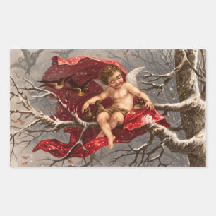 WINGED CHERUB ON WINTER TREE WITH BIRDS Christmas Sticker