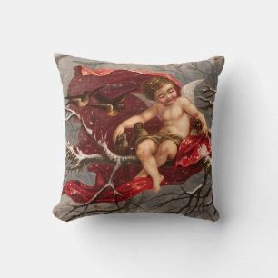 WINGED CHERUB ON WINTER TREE WITH BIRDS Christmas Throw Pillow