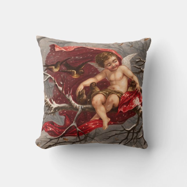 WINGED CHERUB ON WINTER TREE WITH BIRDS Christmas Throw Pillow (Front)