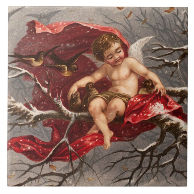 WINGED CHERUB ON WINTER TREE WITH BIRDS Christmas Tile (Front)