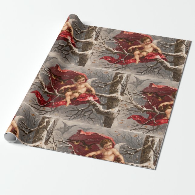 WINGED CHERUB ON WINTER TREE WITH BIRDS Christmas Wrapping Paper (Unrolled)
