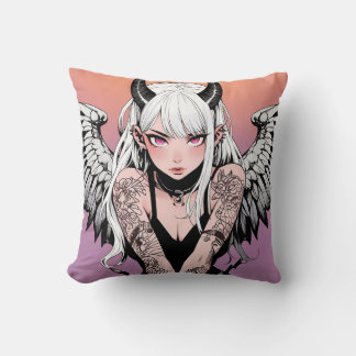 Winged Devil Anime Girl Throw Pillow