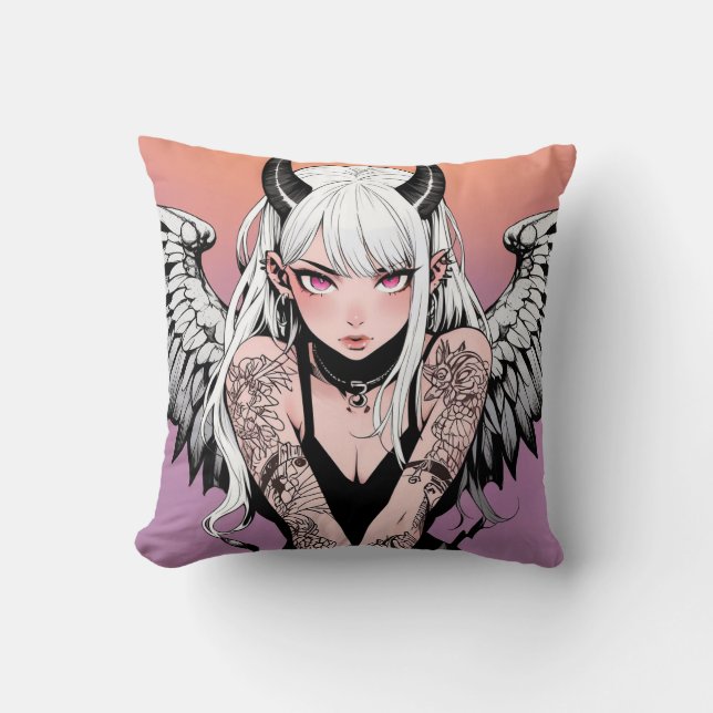 Winged Devil Anime Girl Throw Pillow (Front)