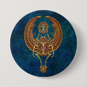 Winged Egyptian Scarab Beetle with Ankh - blue 3 Inch Round Button