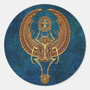 Winged Egyptian Scarab Beetle with Ankh - blue Classic Round Sticker
