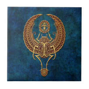 Winged Egyptian Scarab Beetle with Ankh - blue Tile