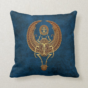 Winged Egyptian Scarab Beetle with Ankh on Blue Throw Pillow