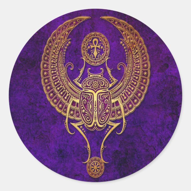 Winged Egyptian Scarab Beetle with Ankh - purple Classic Round Sticker (Front)