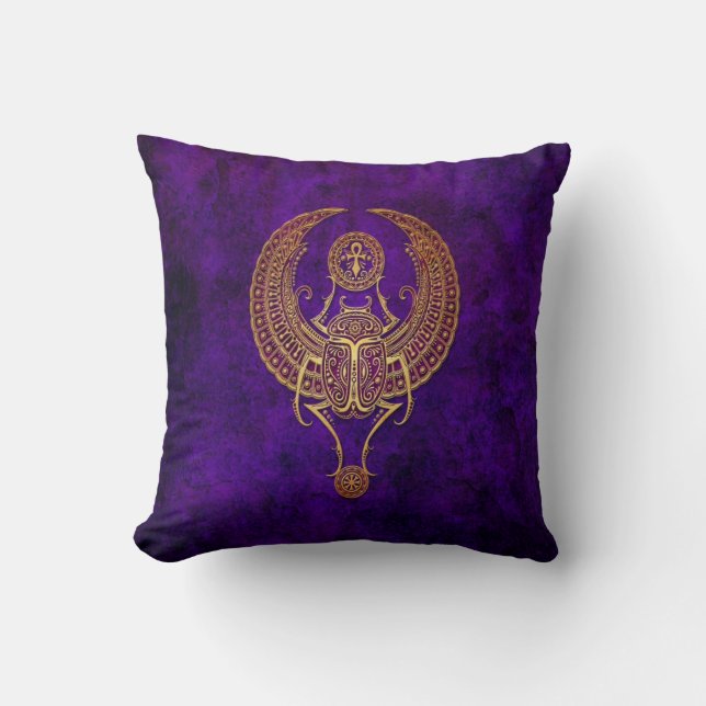 Winged Egyptian Scarab Beetle with Ankh - purple Throw Pillow (Front)