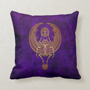 Winged Egyptian Scarab Beetle with Ankh - purple Throw Pillow