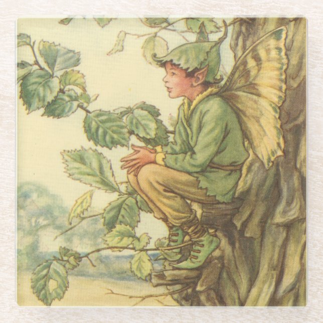 Winged Elm Fairy Sitting in a Tree Glass Coaster (Front)