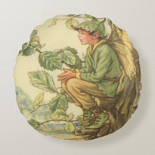 Winged Elm Fairy Sitting in a Tree Round Pillow (Front)