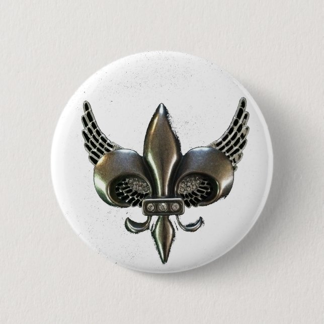 WINGED FLEUR-DE-LIS DISTRESSED PEWTER 2 INCH ROUND BUTTON (Front)