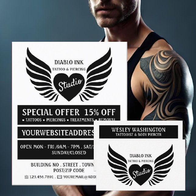 Winged Heart Tattoo, Tattoo & Body Piercing Studio Flyer (Creator Uploaded)