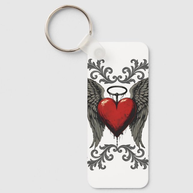 Winged Heart with Halo – Gothic Angel Love Design Keychain (Front)